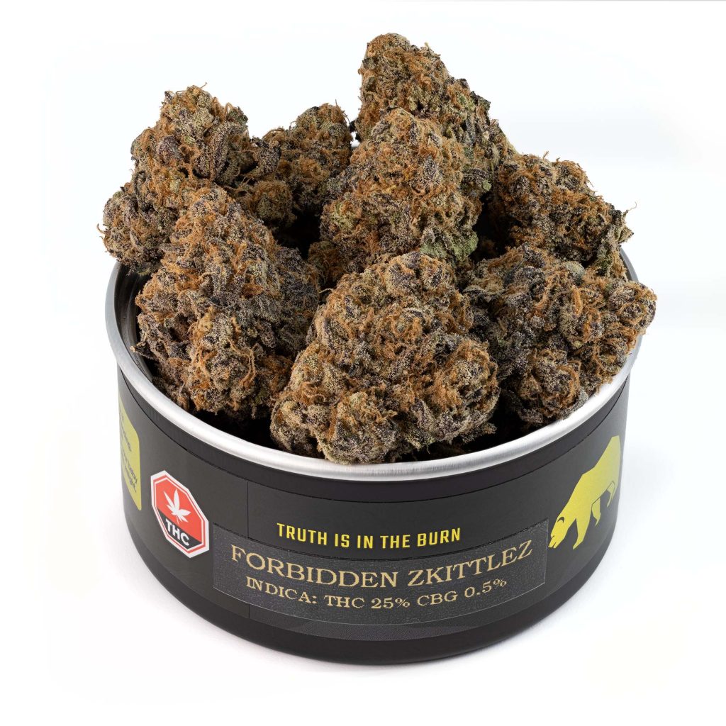 Forbidden Zkittlez indica cannabis strain buds with dense trichomes and high THC flower in premium tin